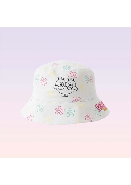 Nickelodeon Sünger Bob Kare Pantolon Desenli Beyaz Bucket Kız Çocuk Şapkası