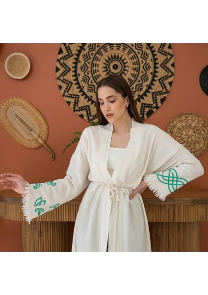 Yeşil Baskı Detay Keten Hırka fırsatları