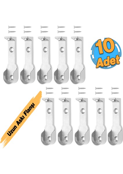 ( 5 Çift ) Uzun Askı Flanşı Dolap Boru Sabitleme Kıyafet Elbise Askı Flanş Aparatı Krom 70 mm