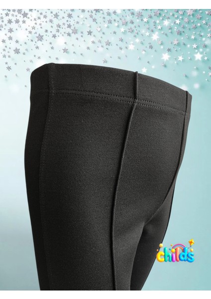 Çelik Interlok Siyah Pamuklu Likralı Kız Çocuk Nervür Dikişli Okul Için Pantolon Tayt