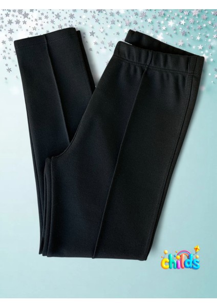 Çelik Interlok Siyah Pamuklu Likralı Kız Çocuk Nervür Dikişli Okul Için Pantolon Tayt