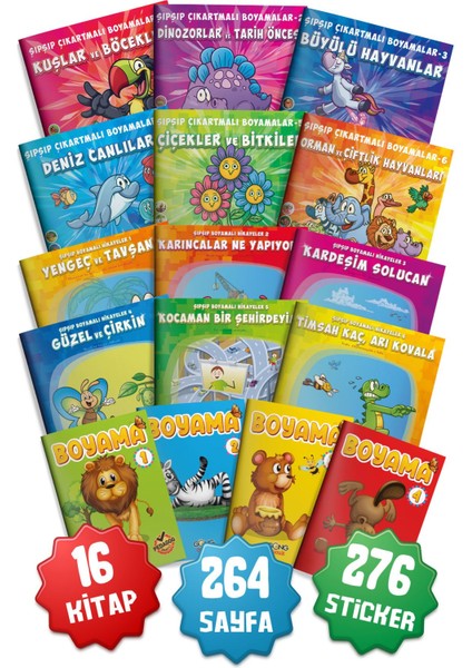 3-6 Yaş Dev Çocuk Boyama ve Yapıştırmalı (Sticker'lı) 16'lı Kitap Seti
