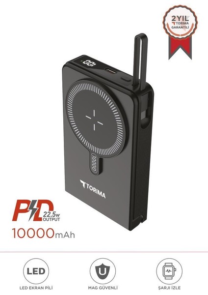 TRM-1019 Siyah 10000 Mah Mag Safe Type-C + USB Kablolu-Kablosuz Taşınabilir 22,5 W Hızlı Şarj Dijital Göstergeli Powerbank