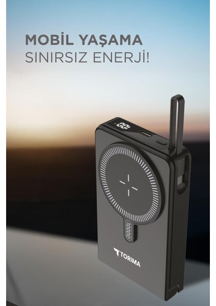 TRM-1019 Siyah 10000 Mah Mag Safe Type-C + USB Kablolu-Kablosuz Taşınabilir 22,5 W Hızlı Şarj Dijital Göstergeli Powerbank modelleri