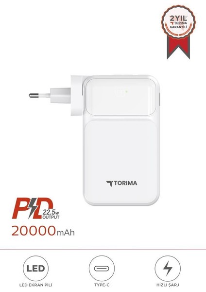 TRM-1027 Beyaz 20000 Mah Type-C + Lightning + USB Taşınabilir 22,5 W Hızlı Şarj Dijital Göstergeli Powerbank