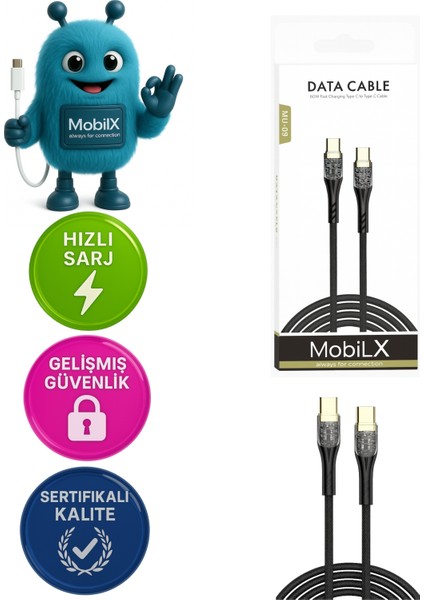 Samsung Xiaomi Oppo Reeder Huawei Uyumlu 60W Örgülü Işıklı Type C To Type C Hızlı Şarj ve Data Kablosu Mu-09