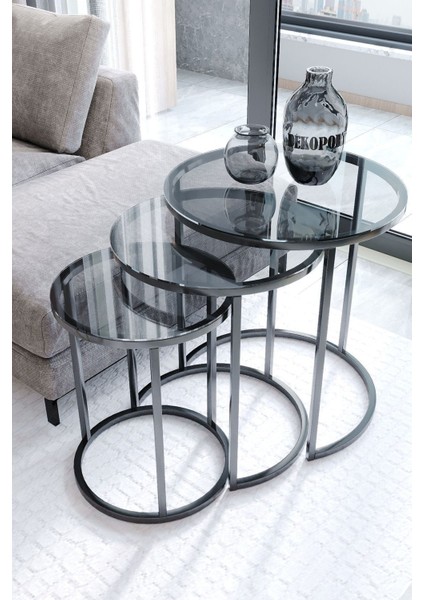 Milas C Zigon Sehpa - Füme Cam ve Metal Ayaklı, Modern Tasarım, 47-38,5-31 cm, Salon ve Oturma Odası için Ergonomik ve Fonksiyonel Zigon Sehpa