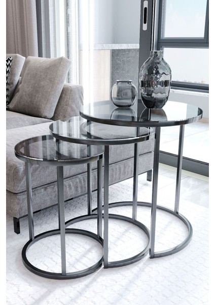 Milas C Zigon Sehpa - Füme Cam ve Metal Ayaklı, Modern Tasarım, 47-38,5-31 cm, Salon ve Oturma Odası için Ergonomik ve Fonksiyonel Zigon Sehpa