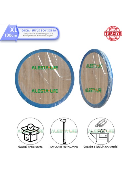 98 cm Çapında, 21 cm Yüksekliğinde, Kayın Renkli Katlanır Metal Ayaklı Yuvarlak Klasik Tasarım Yer Sofrası modelleri