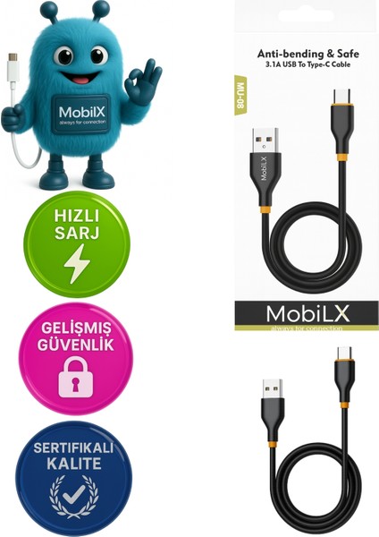 Mobilx 60W Silikon Type-C To Type-C Hızlı Şarj Kablosu