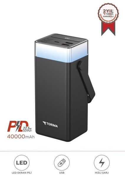 TRM-1041 Siyah 40000 Mah Type-C + Lightning + USB Taşınabilir 22,5 W Hızlı Şarj Dijital Göstergeli Rgb LED Işıklı Powerbank