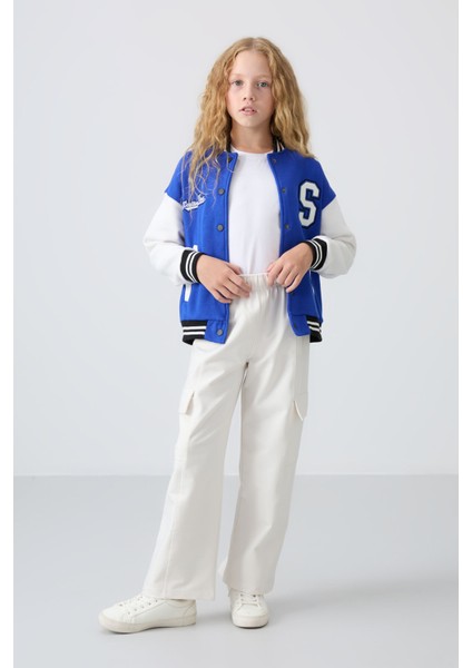 Ekru Kargo Cepli Ön Dikiş Detaylı Geniş Paça Kız Çocuk Eşofman Altı - 75143