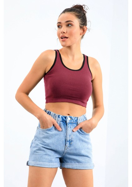 Bordo Basic Sıfır Kol Dar Kalıp U Yaka Kadın Crop Top Atlet - 97162 fiyatları