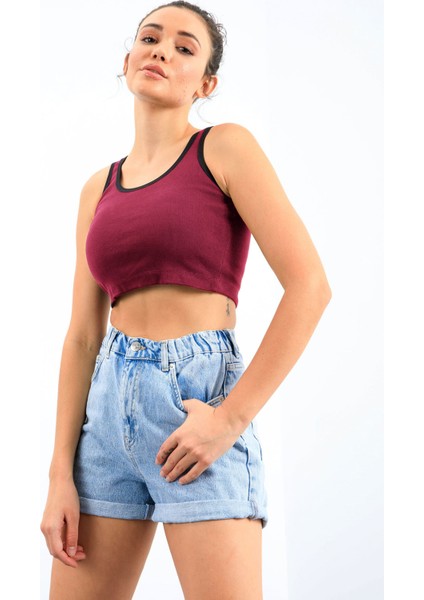 Bordo Basic Sıfır Kol Dar Kalıp U Yaka Kadın Crop Top Atlet - 97162 fırsatları
