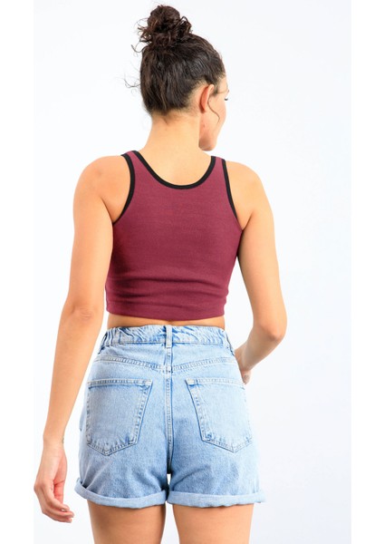 Bordo Basic Sıfır Kol Dar Kalıp U Yaka Kadın Crop Top Atlet - 97162 indirimleri