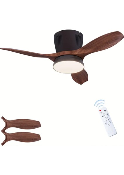 Modern LED Işıklı Tavan Vantilatörü 3 Renk Işık 3 Kademe Hız Sessiz Siyah Gövde Koyu Ceviz Kanat Avize