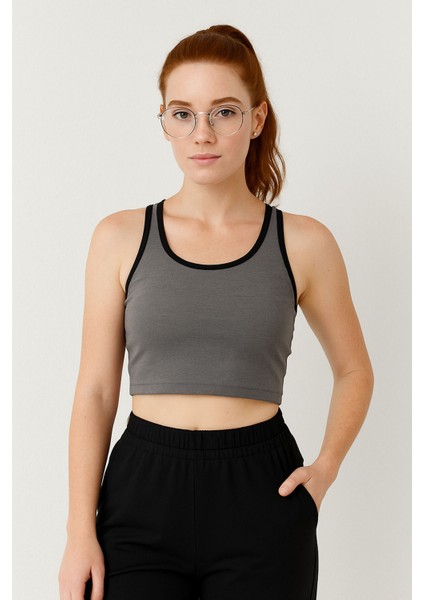 Antrasit Melanj Basic Sıfır Kol Dar Kalıp U Yaka Kadın Crop Top Atlet - 97162