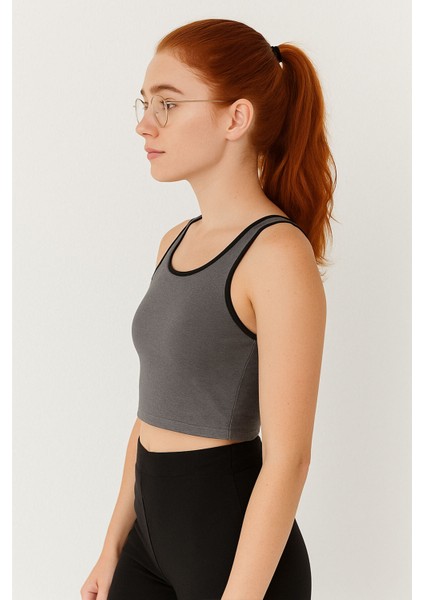 Antrasit Melanj Basic Sıfır Kol Dar Kalıp U Yaka Kadın Crop Top Atlet - 97162 modelleri