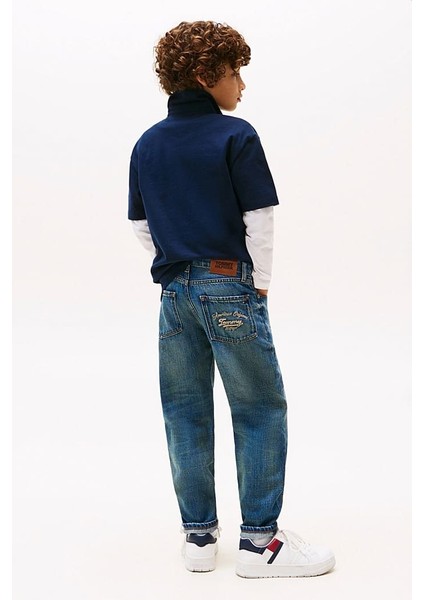 Erkek Çocuk Rahat Kesim Eskitme Görünümlü Jean Pantolon - Mavi modelleri