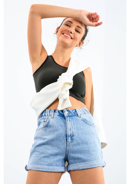 Haki Basic Sıfır Kol Dar Kalıp U Yaka Kadın Crop Top Atlet - 97162 indirimleri