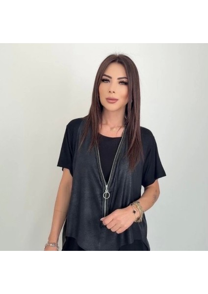Kadın Kısa Kollu Yuvarlak Yaka Viskon Bluz + Kolsuz Fermuarlı Çatlak Deri Yelek