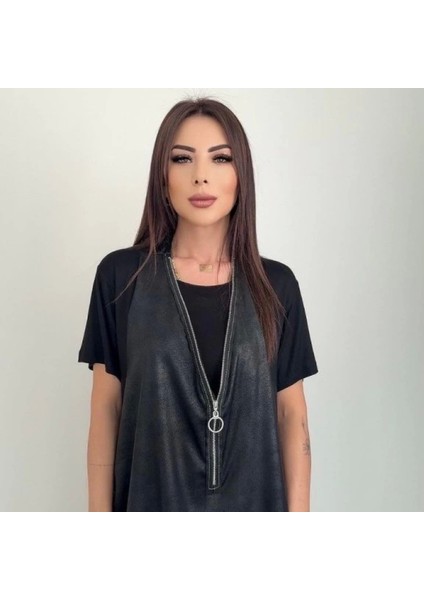 Kadın Kısa Kollu Yuvarlak Yaka Viskon Bluz + Kolsuz Fermuarlı Çatlak Deri Yelek fiyatları