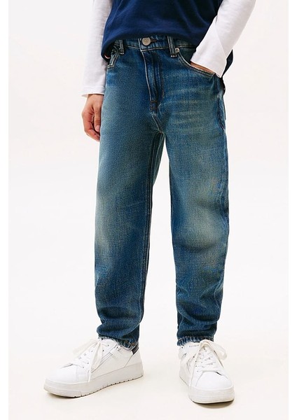 Erkek Çocuk Rahat Kesim Eskitme Görünümlü Jean Pantolon - Mavi