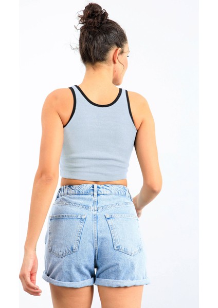 Gök Mavi Basic Sıfır Kol Dar Kalıp U Yaka Kadın Crop Top Atlet - 97162 modelleri