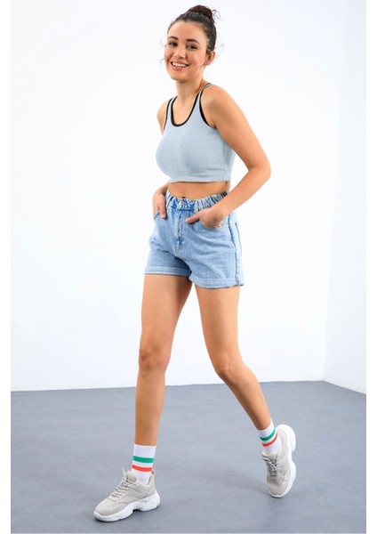 Gök Mavi Basic Sıfır Kol Dar Kalıp U Yaka Kadın Crop Top Atlet - 97162 indirimleri
