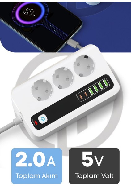 Pro P10 3x Priz 3000W Akım Korumalı 4x USB 2x Type-C Girişli Çoklu Priz modelleri