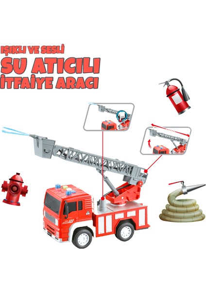 Işıklı ve Sesli Su Atıcılı Sürtmeli Itfaiye Aracı 1:20 Ölçek