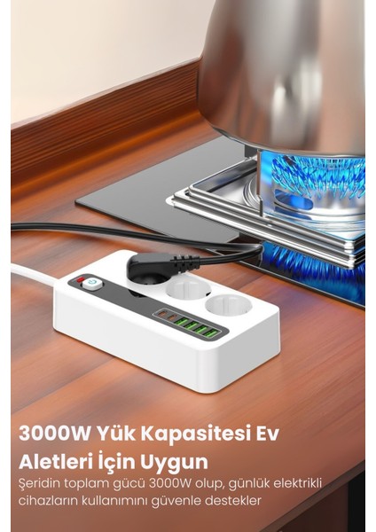 Pro P10 3x Priz 3000W Akım Korumalı 4x USB 2x Type-C Girişli Çoklu Priz