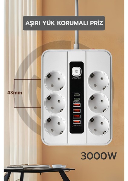 Pro P11 6x Priz 3000W Termal Akım Korumalı 4x USB 2x Type-C Girişli Çoklu Priz