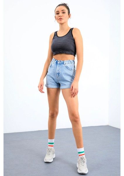 Lacivert Melanj Basic Sıfır Kol Dar Kalıp U Yaka Kadın Crop Top Atlet - 97162 modelleri