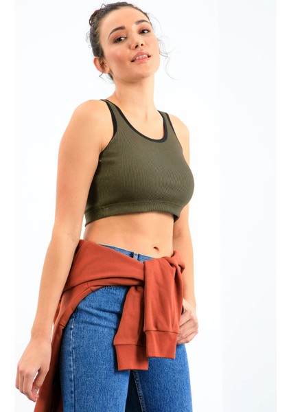 Haki Basic Sıfır Kol Dar Kalıp U Yaka Kadın Crop Top Atlet - 97160