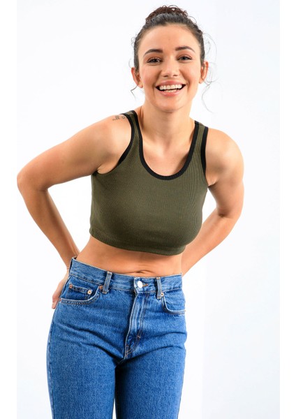 Haki Basic Sıfır Kol Dar Kalıp U Yaka Kadın Crop Top Atlet - 97160 indirimleri