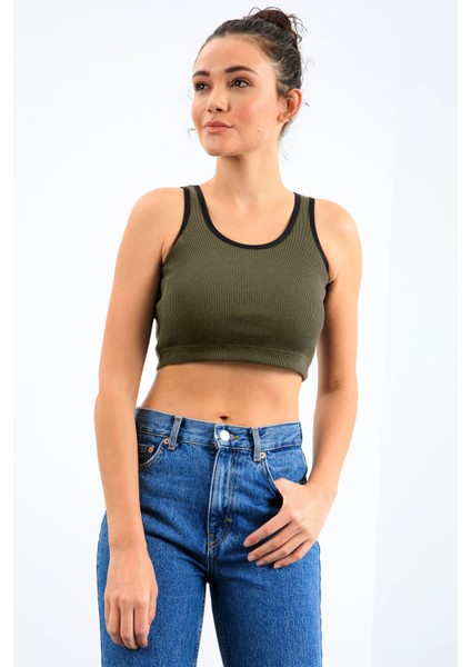Haki Basic Sıfır Kol Dar Kalıp U Yaka Kadın Crop Top Atlet - 97160 modelleri