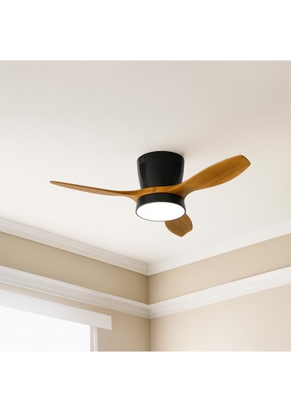 Modern LED Işıklı Tavan Vantilatörü 3 Renk Işık 3 Kademe Hız Sessiz Siyah Gövde Açık Ceviz Kanat Avize fiyatları