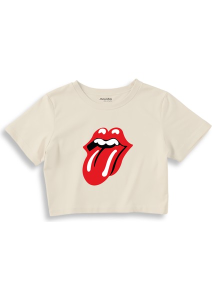 The Rolling Stones Crop Tişört - Ekru