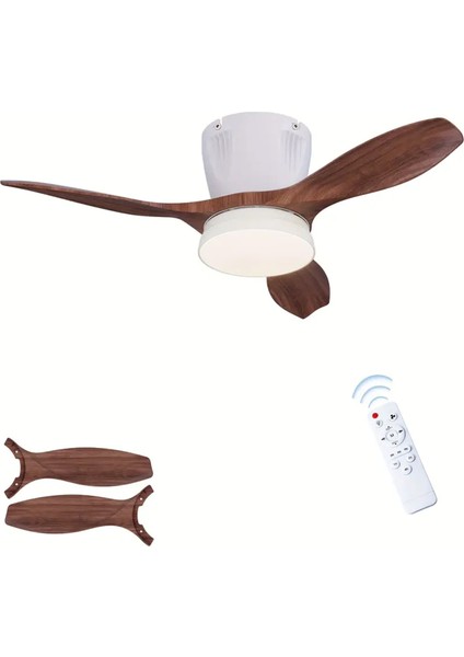 Modern LED Işıklı Tavan Vantilatörü 3 Renk Işık 3 Kademe Hız Sessiz Beyaz Gövde Koyu Ceviz Kanat Avize