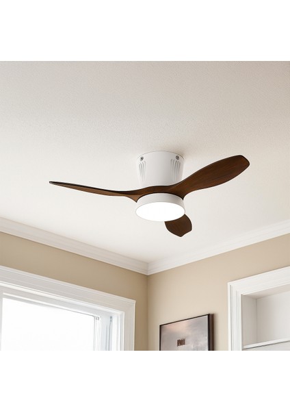 Modern LED Işıklı Tavan Vantilatörü 3 Renk Işık 3 Kademe Hız Sessiz Beyaz Gövde Koyu Ceviz Kanat Avize fiyatları