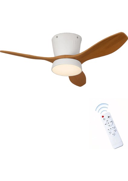 Modern LED Işıklı Tavan Vantilatörü 3 Renk Işık 3 Kademe Hız Sessiz Beyaz Gövde Açık Ceviz Kanat Avize