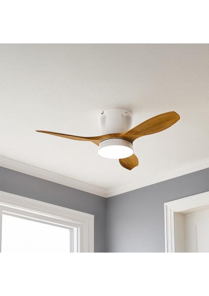 Modern LED Işıklı Tavan Vantilatörü 3 Renk Işık 3 Kademe Hız Sessiz Beyaz Gövde Açık Ceviz Kanat Avize fiyatları