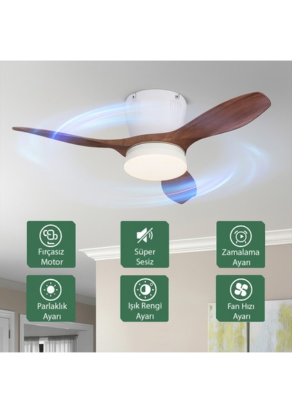 Modern LED Işıklı Tavan Vantilatörü 3 Renk Işık 3 Kademe Hız Sessiz Beyaz Gövde Açık Ceviz Kanat Avize