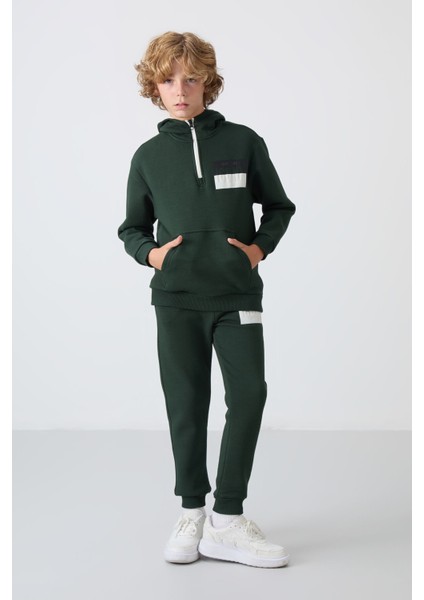 Çam Yeşil Pamuklu Kalın Içi Tüylü Yumuşak Dokulu Standart Fit Baskılı Erkek Çocuk eşofman takım - 11246