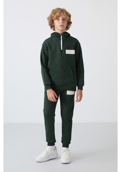 Çam Yeşil Pamuklu Kalın Içi Tüylü Yumuşak Dokulu Standart Fit Baskılı Erkek Çocuk eşofman takım - 11246 modelleri