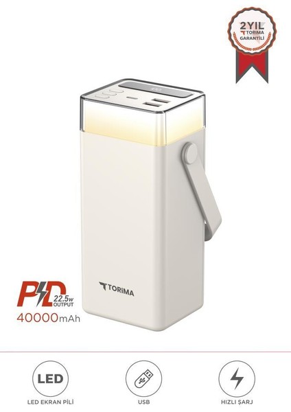 TRM-1041 Beyaz 40000 Mah Type-C + Lightning + USB Taşınabilir 22,5 W Hızlı Şarj Dijital Göstergeli Rgb LED Işıklı Powerbank