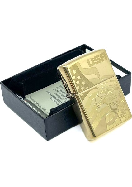 Amerikan Kartalı ve Bayrak Dizayn High Polish Brass Dizayn Çakmak