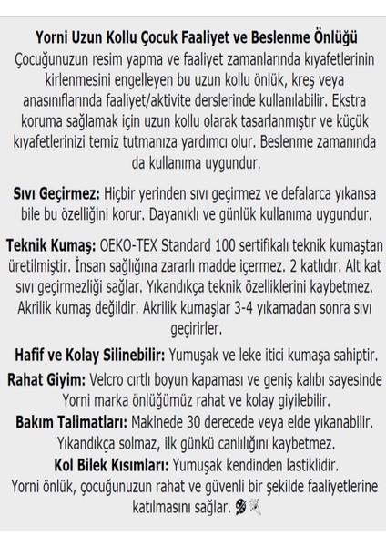 7-11 Yaş, Jungle, Sıvı Geçirmez, Ekstra Büyük Kalıp, Makinede Yıkanabilir, Uzun Kollu Çocuk, Aktivite Mama Önlüğü