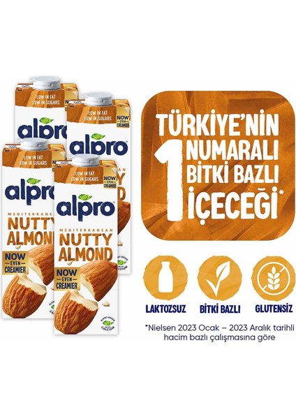 Badem Sütü 4x1L Laktozsuz Glutensiz Kalsiyum ve D B2 B12 Vitaminli Bitkisel İçecek Belçika